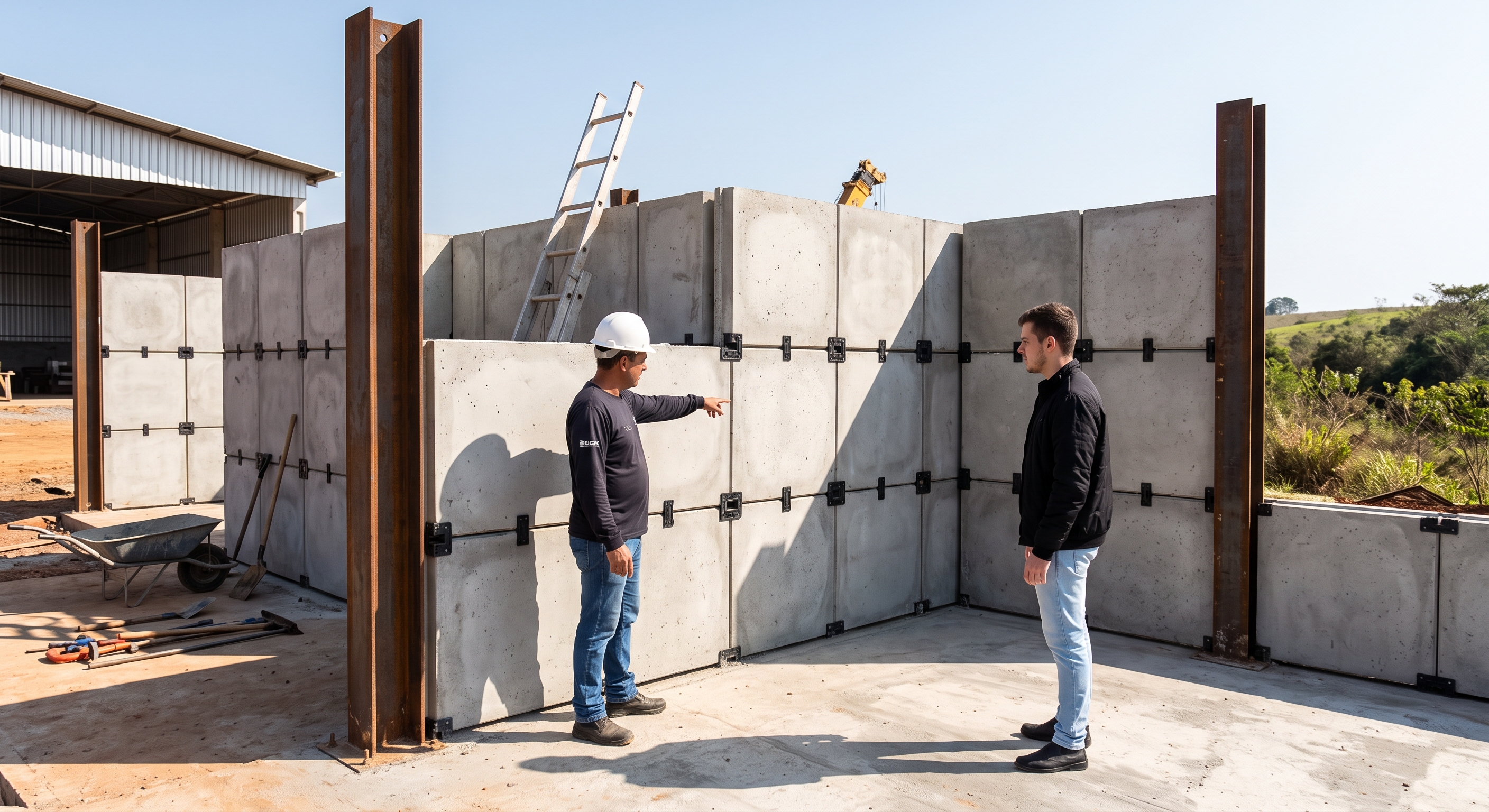 Equipe técnica em obra com paredes Blocok instaladas